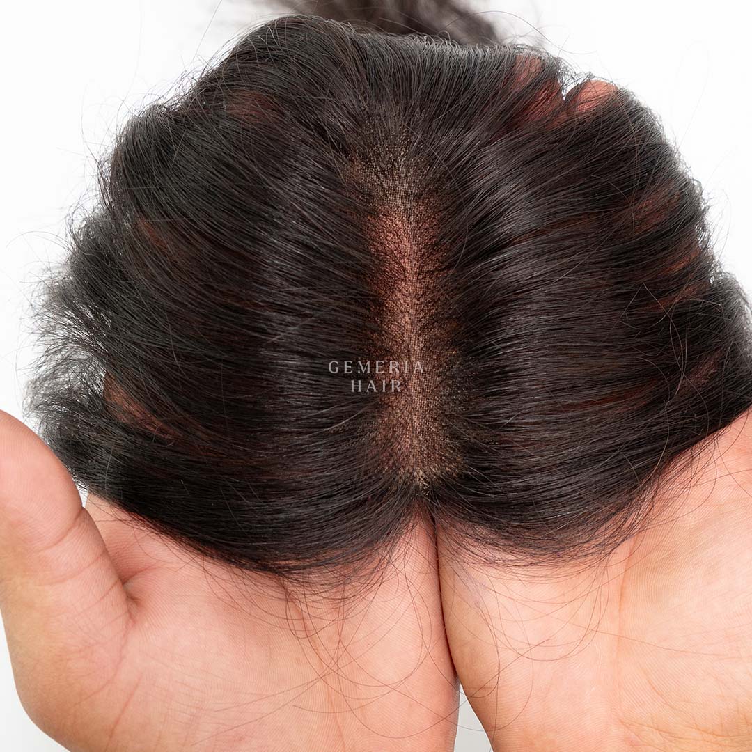 top view of full mono essential hair topper, measuring 1.5x5 inches, showcasing its natural texture and color.